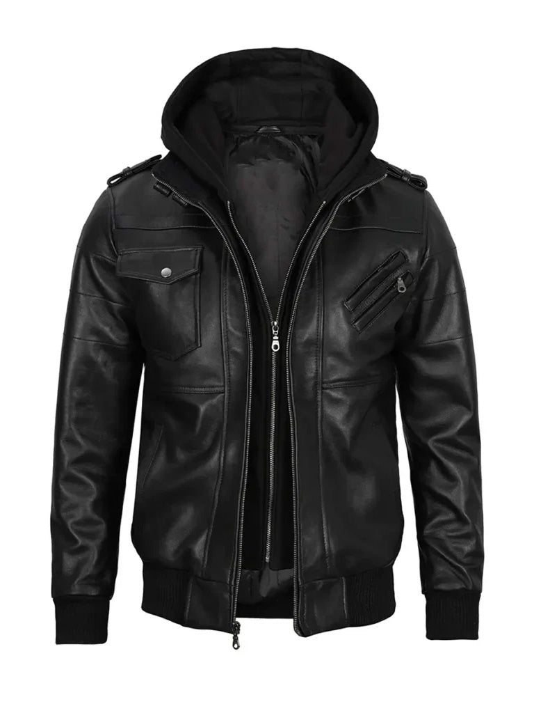 Black Leather Jacket with Removable Hoodie