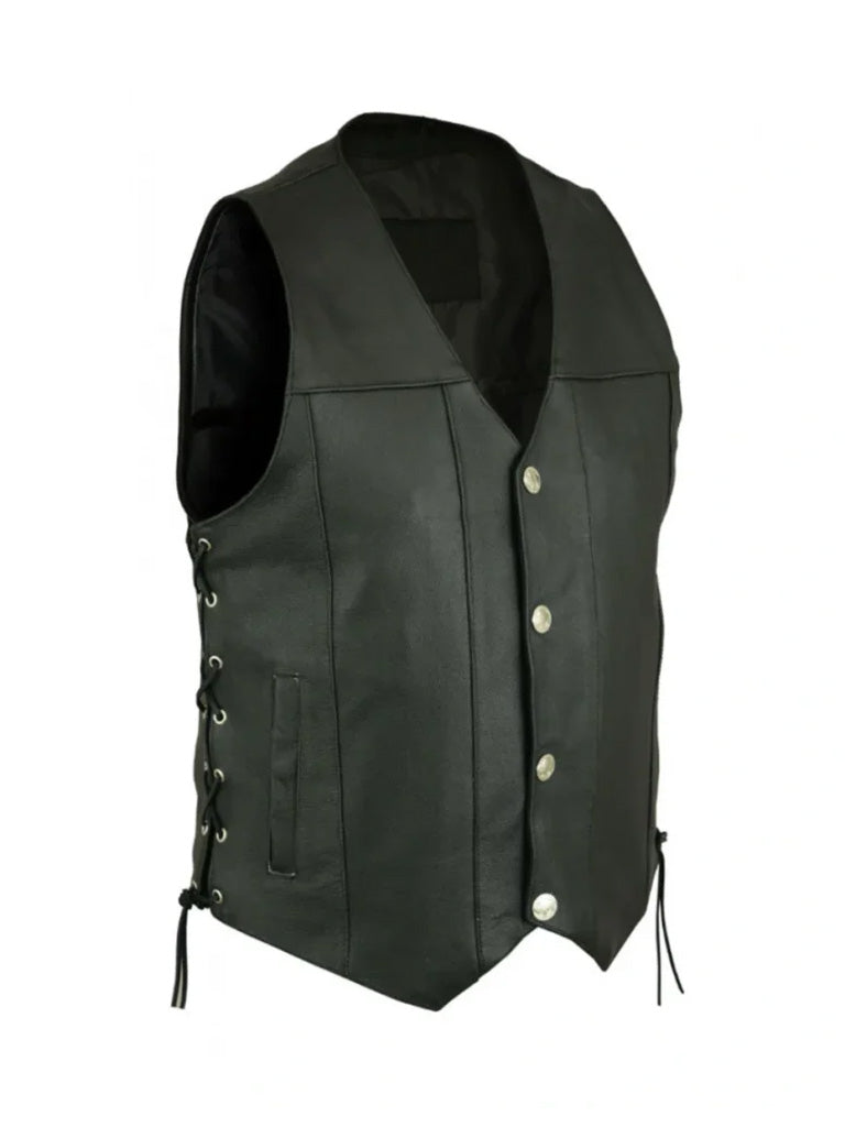 Black Biker Style Side Laced Up Leather vest