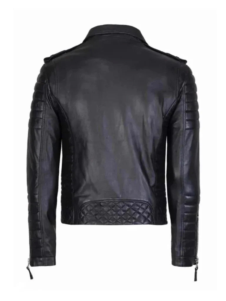 Black Biker Style Quilted Lambskin Leather Jacket