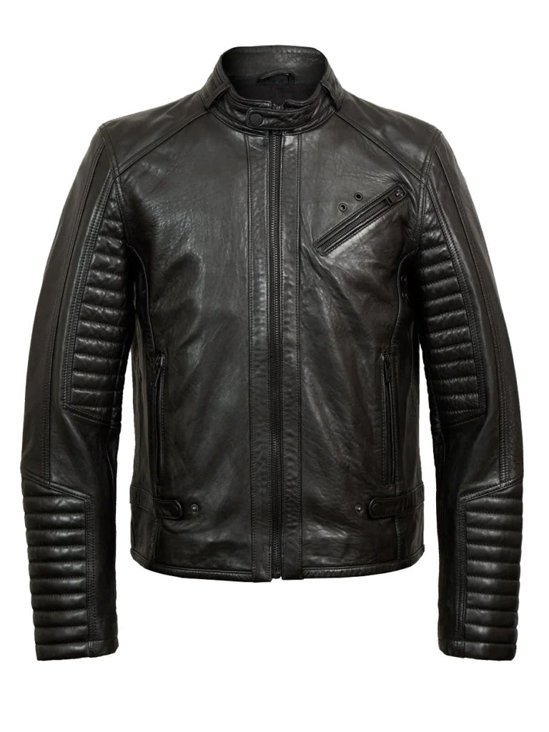 Black Hooded Bold Lined Biker Leather Jacket