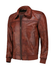 Cognac Brown Shirt Style Bomber Leather Jacket