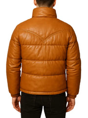 Men’s Tan Brown Puffer Leather Jacket