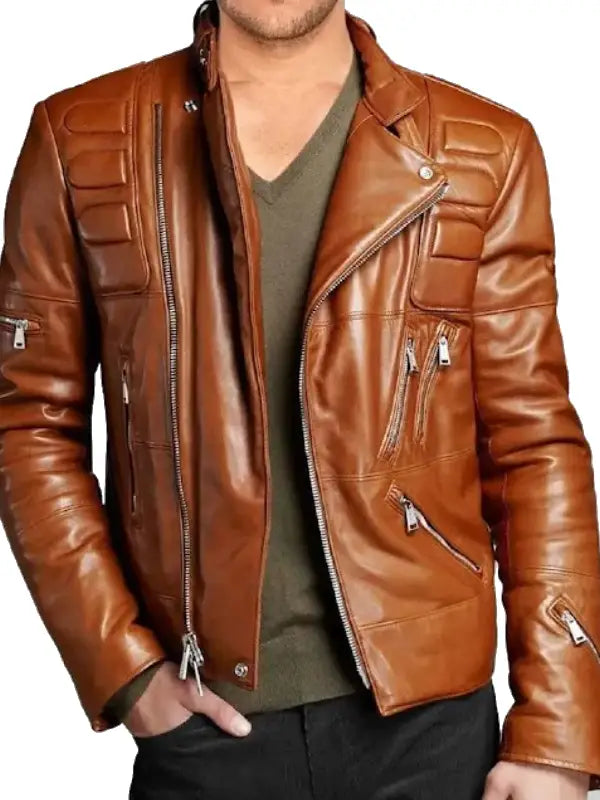Men’s Tan Quilted Leather Biker Jacket