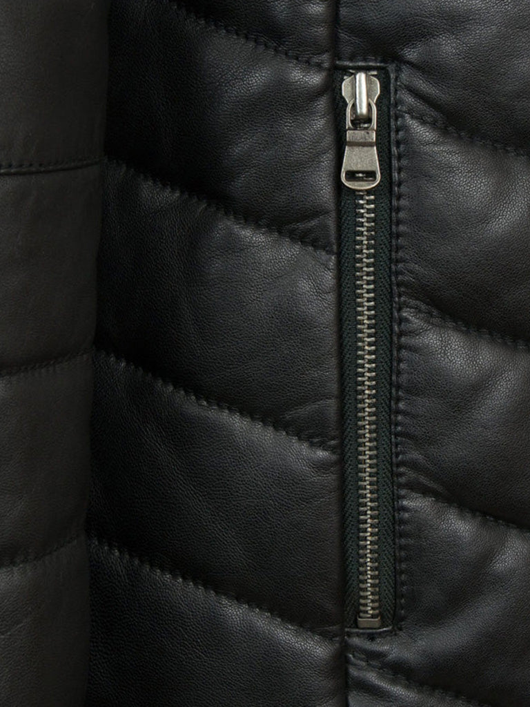 Black Padded Style Real Leather Long Coat