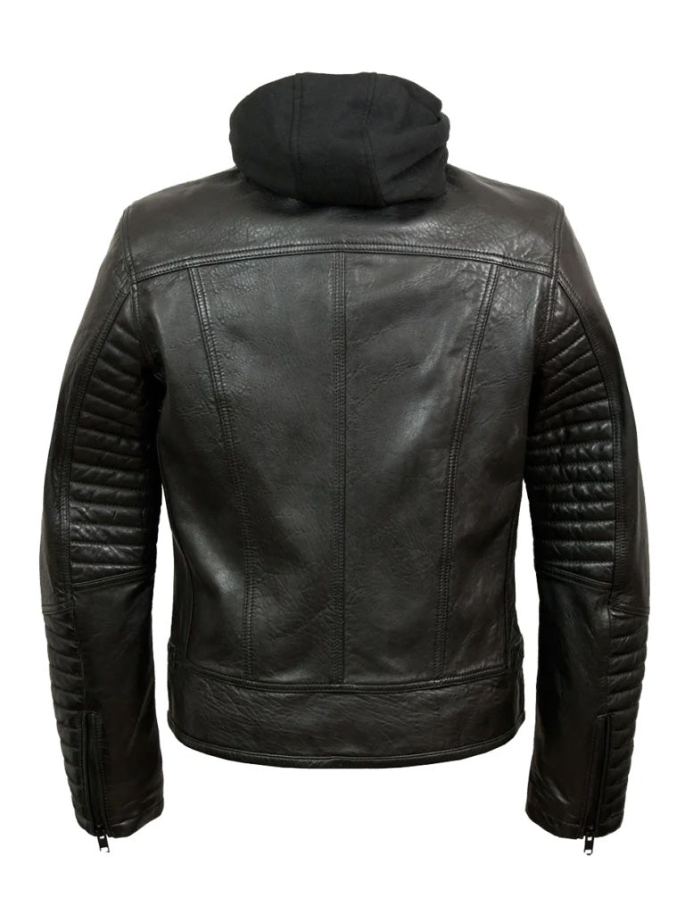 Black Hooded Bold Lined Biker Leather Jacket