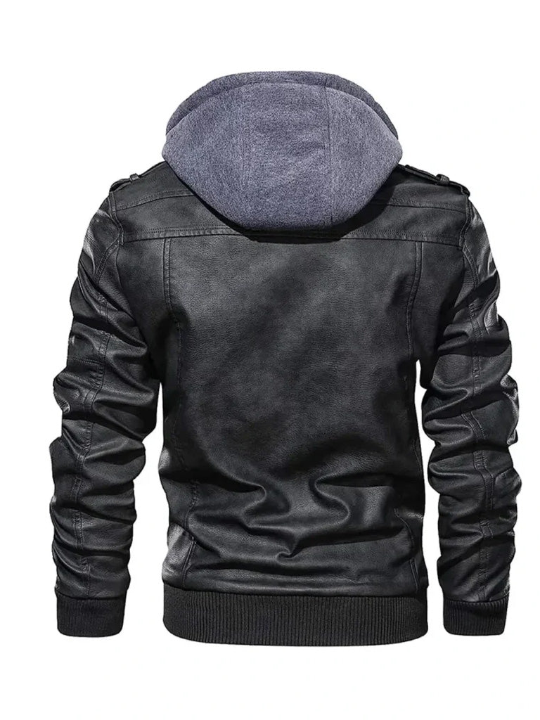 Black Real Leather Jacket with Removable Hood