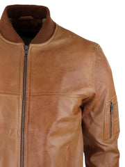 Tan Waxed Bomber Leather Jacket
