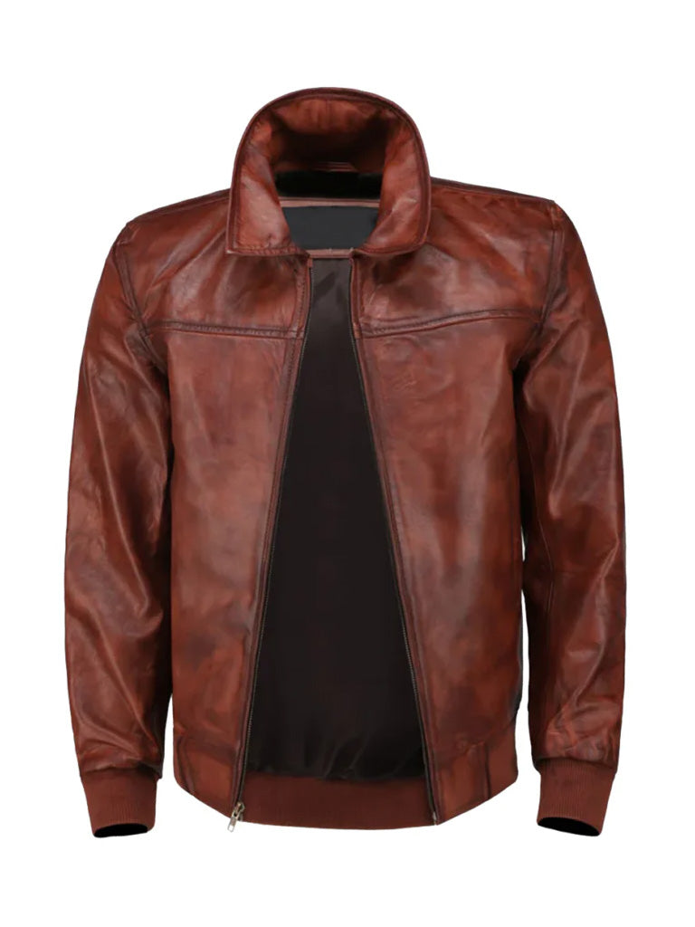 Cognac Brown Shirt Style Bomber Leather Jacket