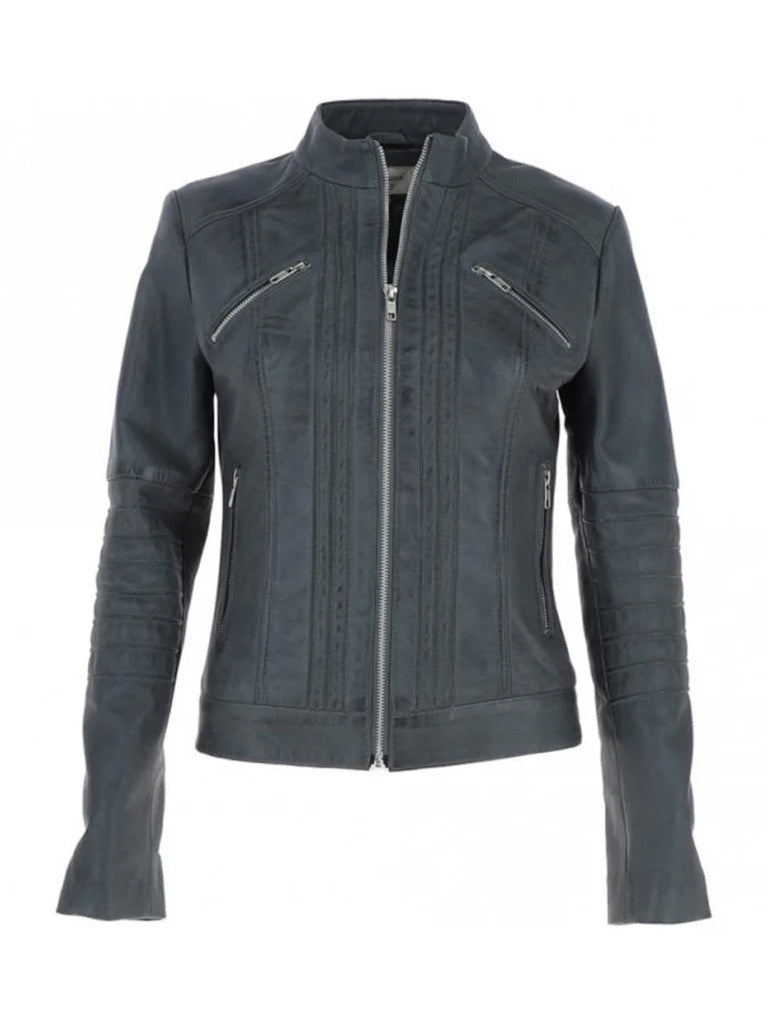 Stand Collar Genuine Leather Jacket