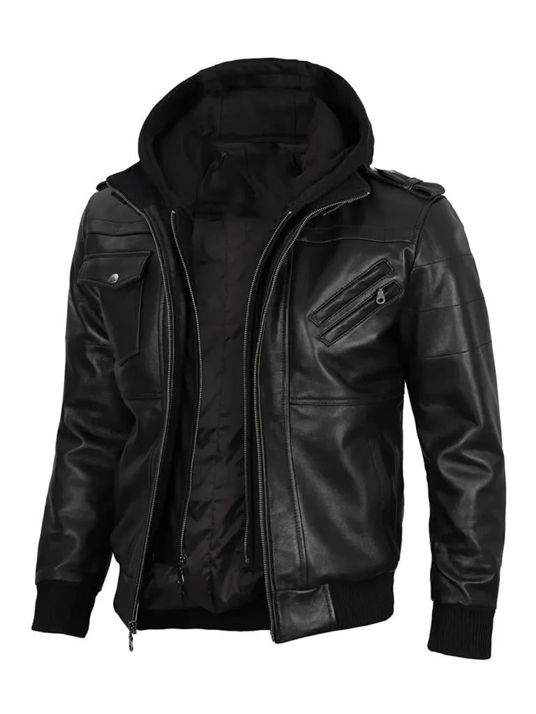 Black Leather Jacket with Removable Hoodie