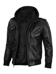 Black Leather Jacket with Removable Hoodie