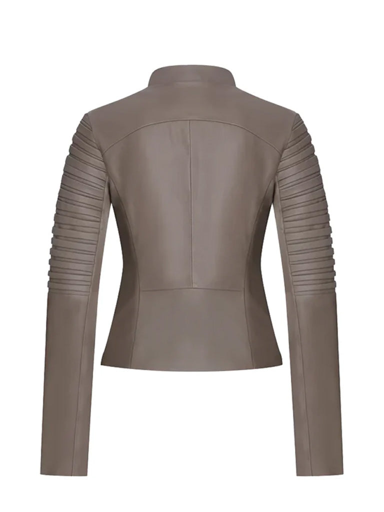 Grey Round Shape Genuine Leather Jacket