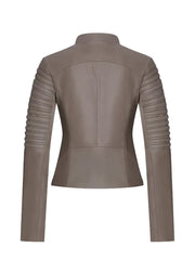 Grey Round Shape Genuine Leather Jacket