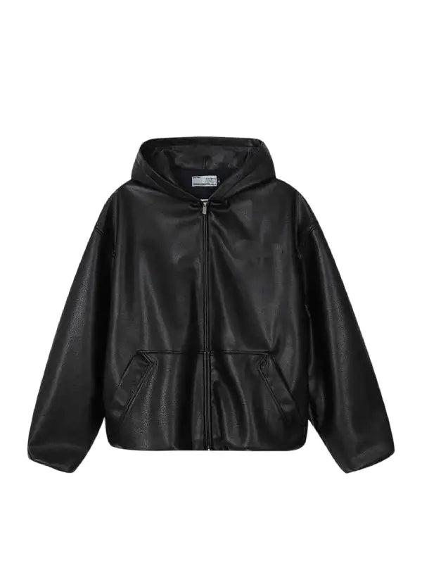Men’s Black Real Leather Hoodie Jacket – “1996” Streetwear Style