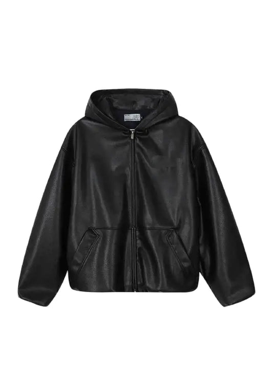 Men’s Black Real Leather Hoodie Jacket – “1996” Streetwear Style