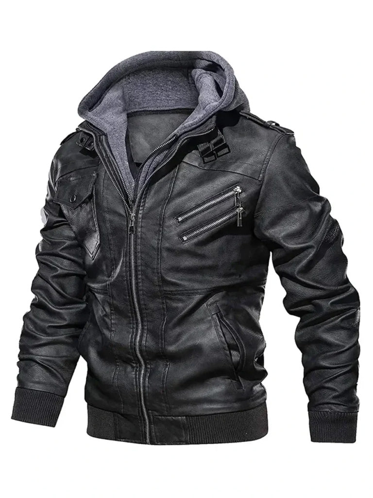 Black Real Leather Jacket with Removable Hood