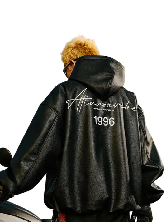 Men’s Black Real Leather Hoodie Jacket – “1996” Streetwear Style