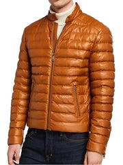 Men’s Tan Puffer Leather Jacket