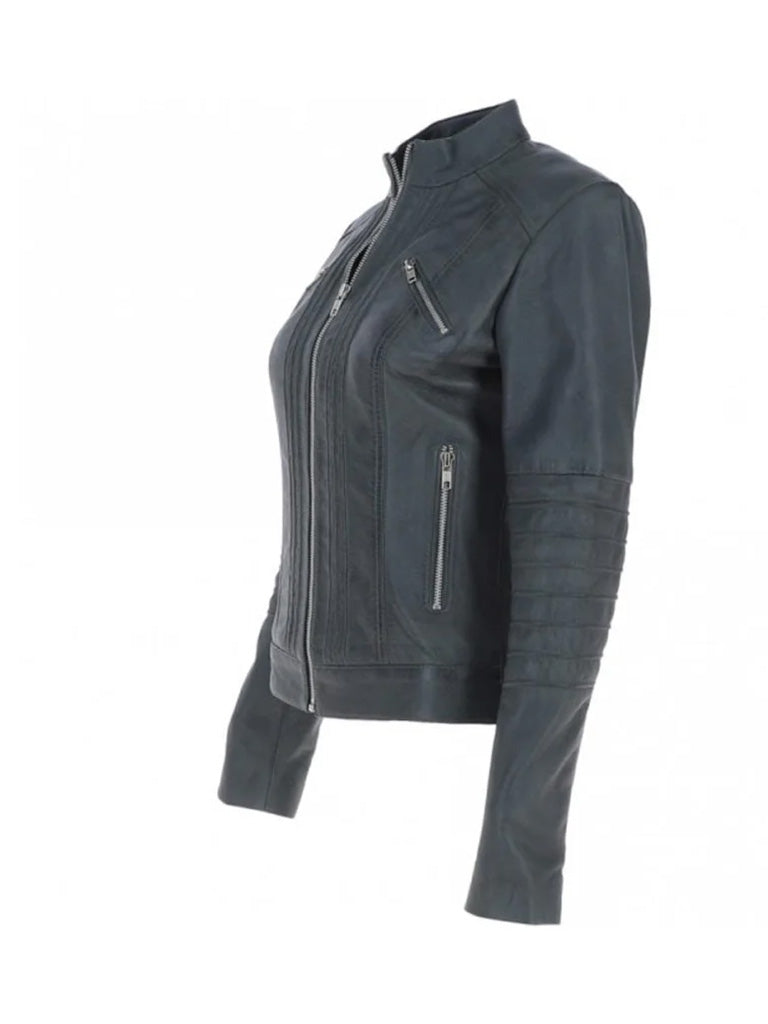 Stand Collar Genuine Leather Jacket