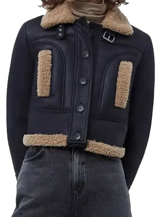 Women’s Black Shearling Trim Cropped Leather Jacket