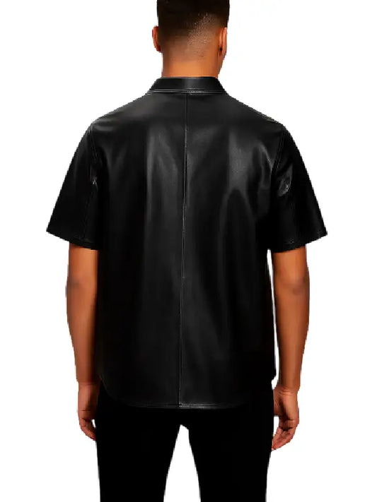Men’s Black Leather Short Sleeve Zip Shirt