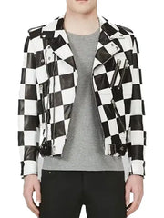 Men’s Black and White Checkered Leather Biker Jacket