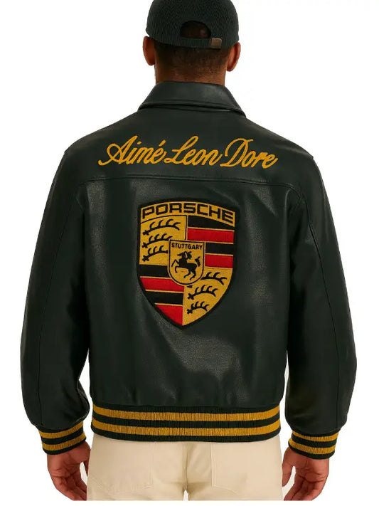 Aimé Leon Dore × Porsche Green Leather Jacket Premium Vintage Motorsport Leather Bomber