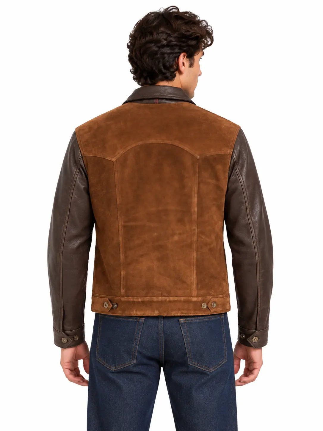 Back view of brown suede and dark brown leather trucker jacket
