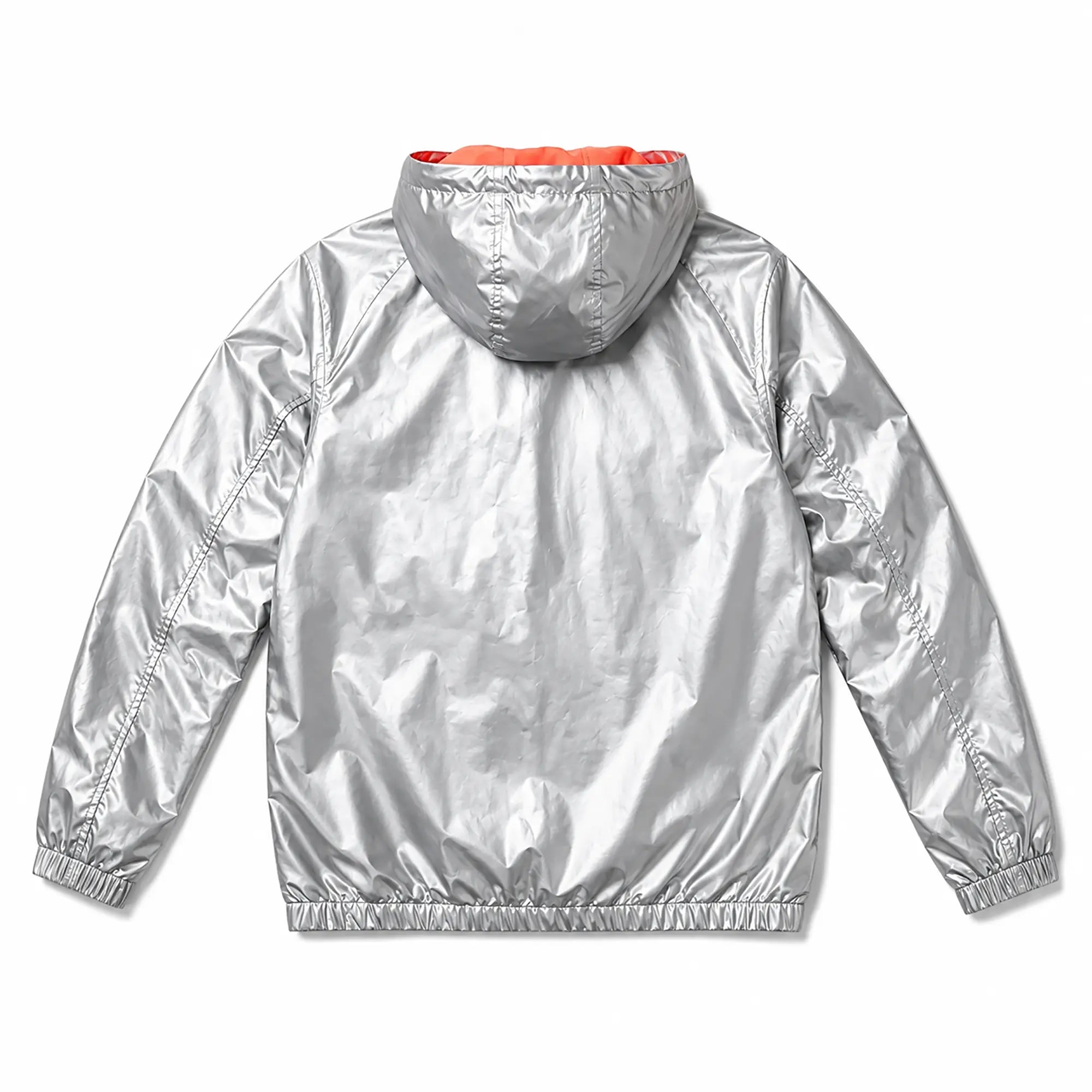 Back view of metallic silver hooded windbreaker jacket