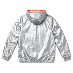 Back view of metallic silver hooded windbreaker jacket