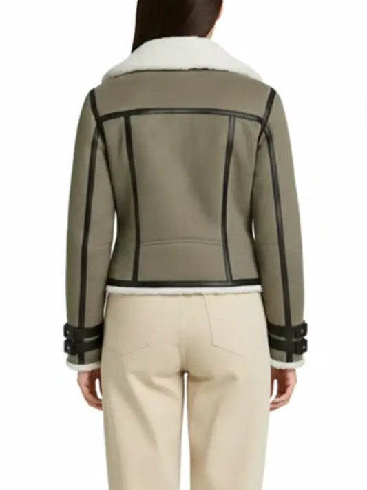 Women’s Gray Shearling Moto Jacket – White Fur Collar Winter Biker Coat