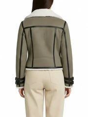 Women’s Gray Shearling Moto Jacket – White Fur Collar Winter Biker Coat