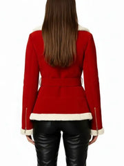 Women’s Red Shearling Jacket with White Fur Trim – Belted Winter Coat