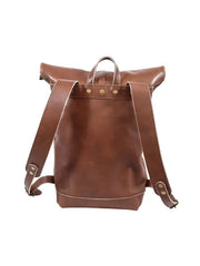 Handmade Brown Leather Roll Top Backpack with Front Pocket