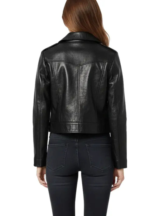 Women’s Black Cropped Leather Jacket with Front Pockets