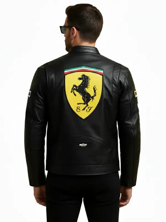 Men’s Black Ferrari Racing Leather Jacket – Premium Motorsport Rider Coat