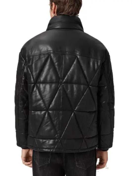Men’s Black Quilted Leather Puffer Jacket with High Collar