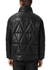 Men’s Black Quilted Leather Puffer Jacket with High Collar