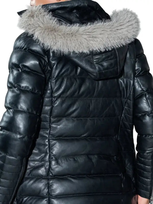 Women’s Black Leather Puffer Jacket with Faux Fur Hood, Quilted Winter Leather Coat