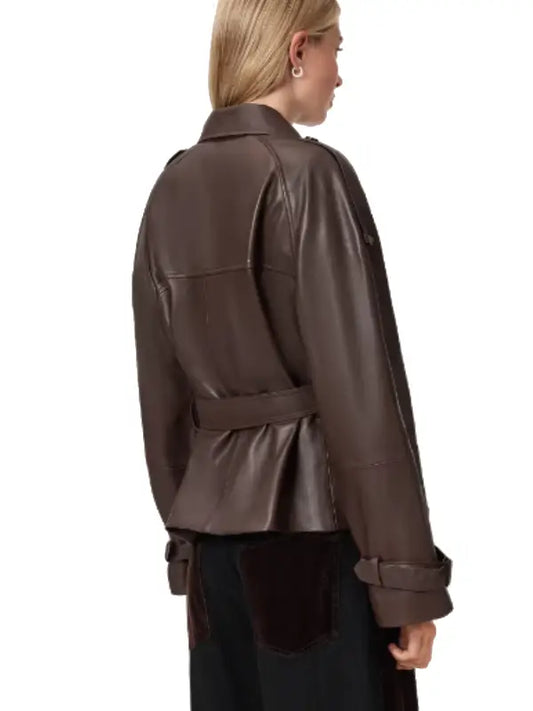 Women’s Brown Leather Belted Short Trench Jacket