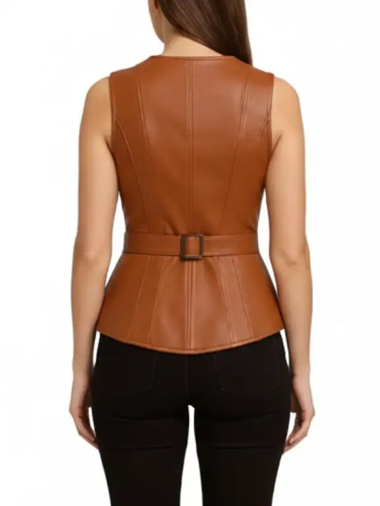 Women’s ARA Brown Leather Vest – Slim-Fit Belted Sleeveless Jacket