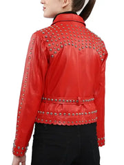 Women’s Red Studded Leather Jacket with Silver Rivet Detailing