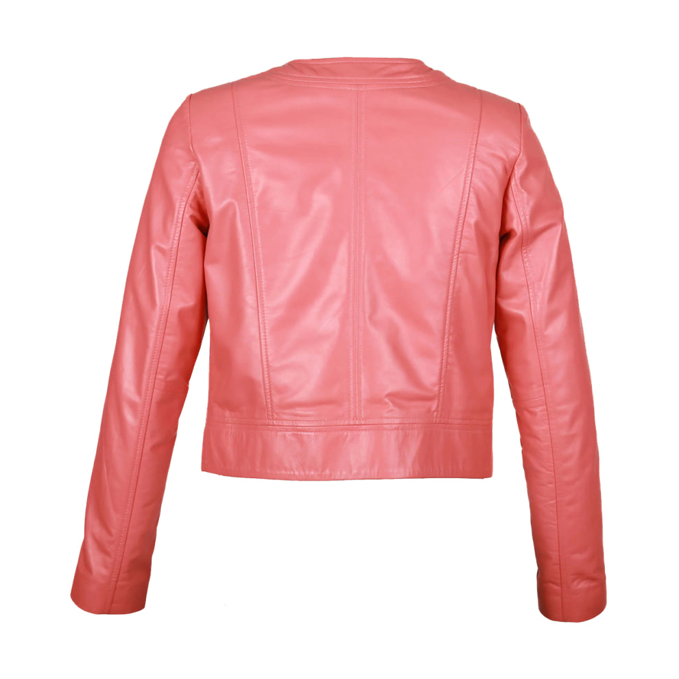 Pink Collar Less Genuine leather Jacket