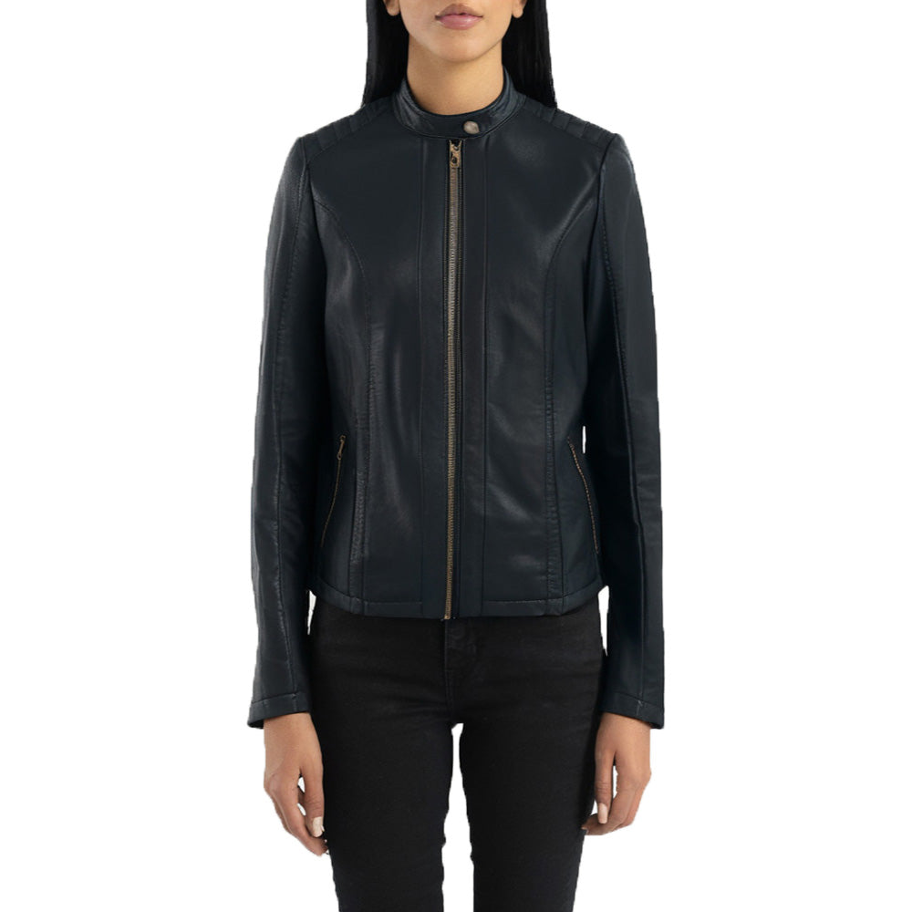 Biker Short Rounded Black Leather Jacket