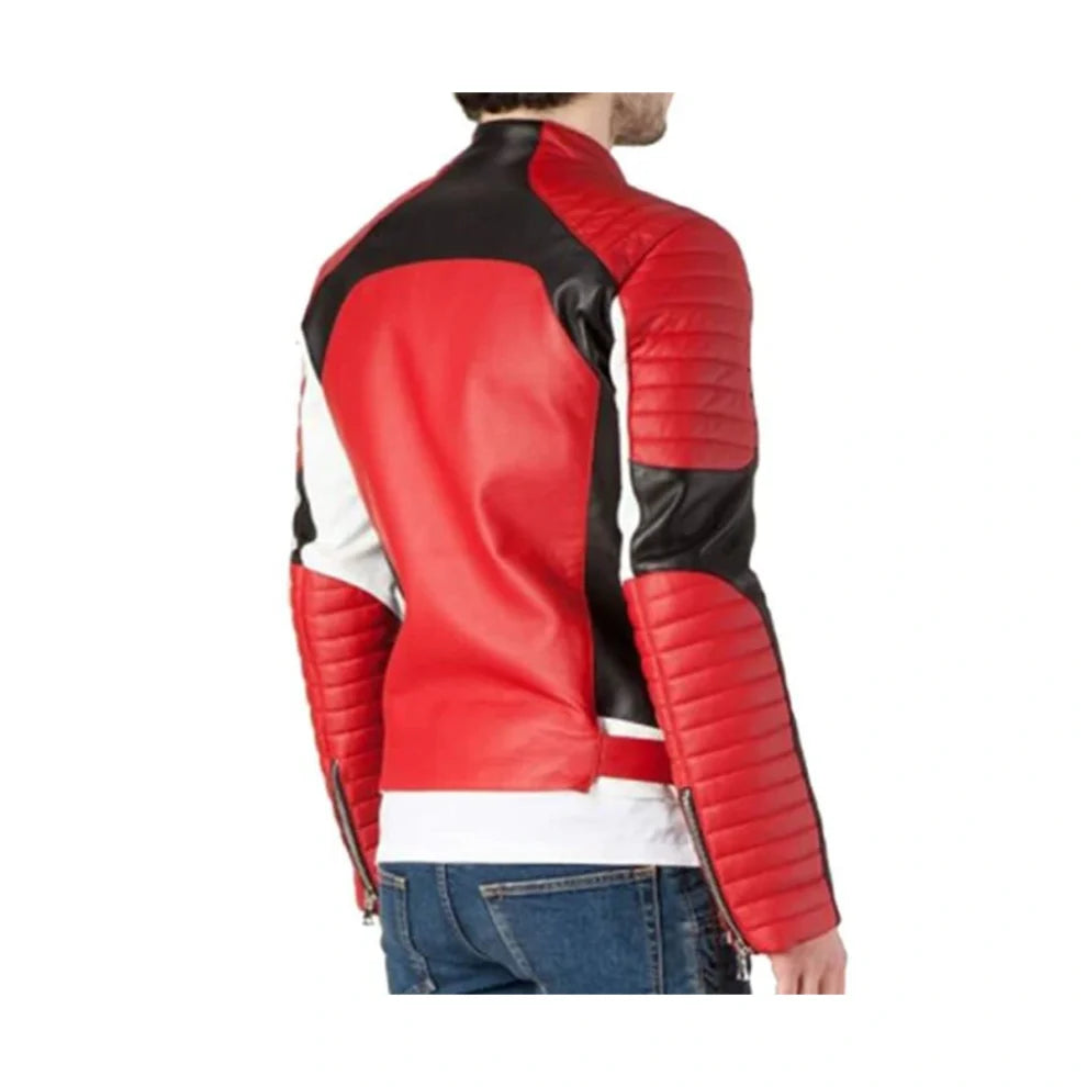 Red and Black Biker Quilted Leather Jacket