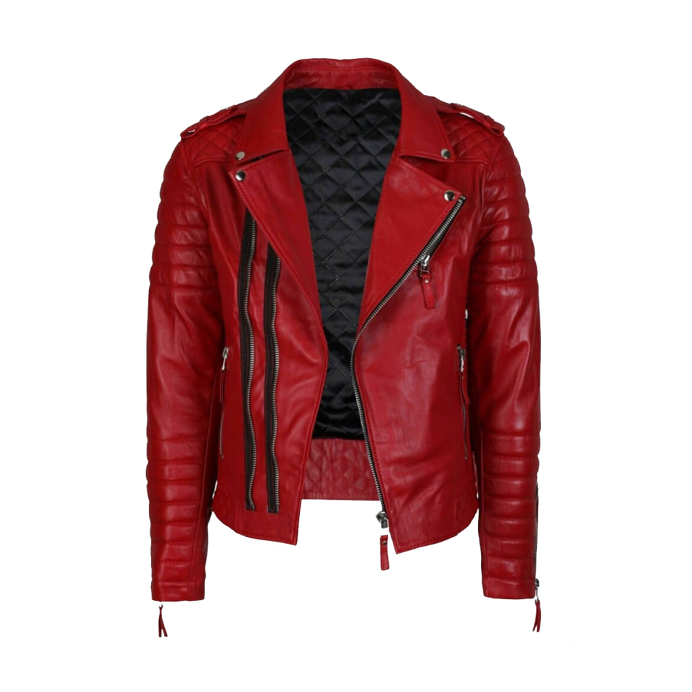 Double Breasted Red Leather Biker Jacket