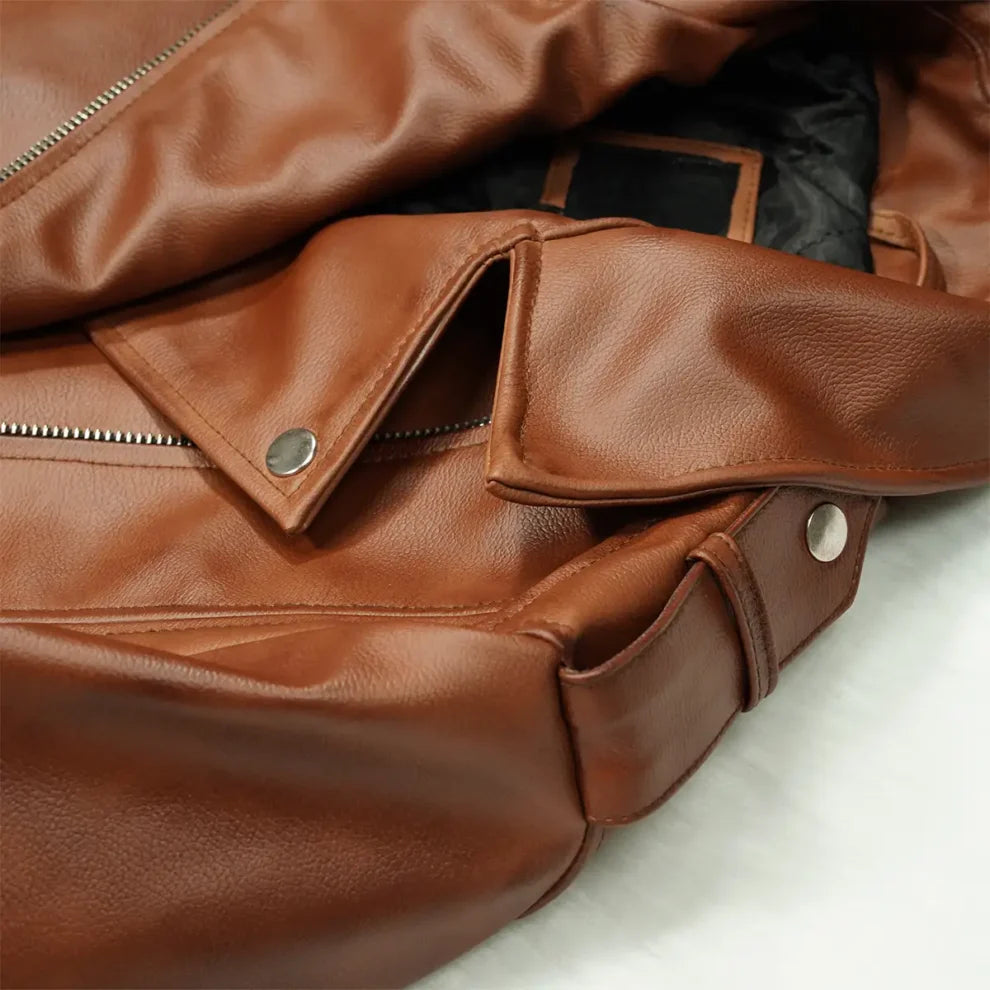 Biker Lapel Style Brown Leather Jacket