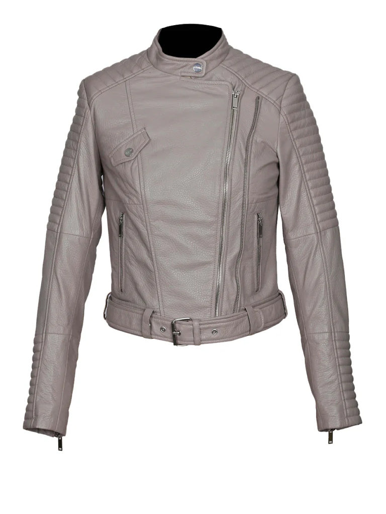 Biker Style Grey Leather Jacket