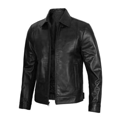 Black Leather Jacket with Shirt Collar