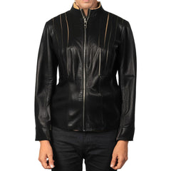 Black Biker Stand Collar Genuine Leather Jacket